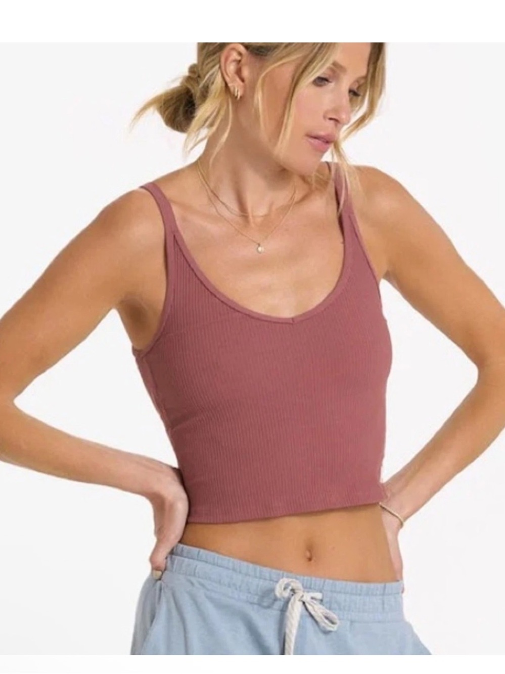 Vuori Ribbed V-Neck Strappy Crop Tank - Dusty Rose - Picture 1 of 5